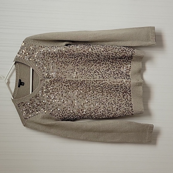 Ann Taylor snap front cardigan beige w/gold sequins. Women's medium. wool blend - Picture 1 of 7